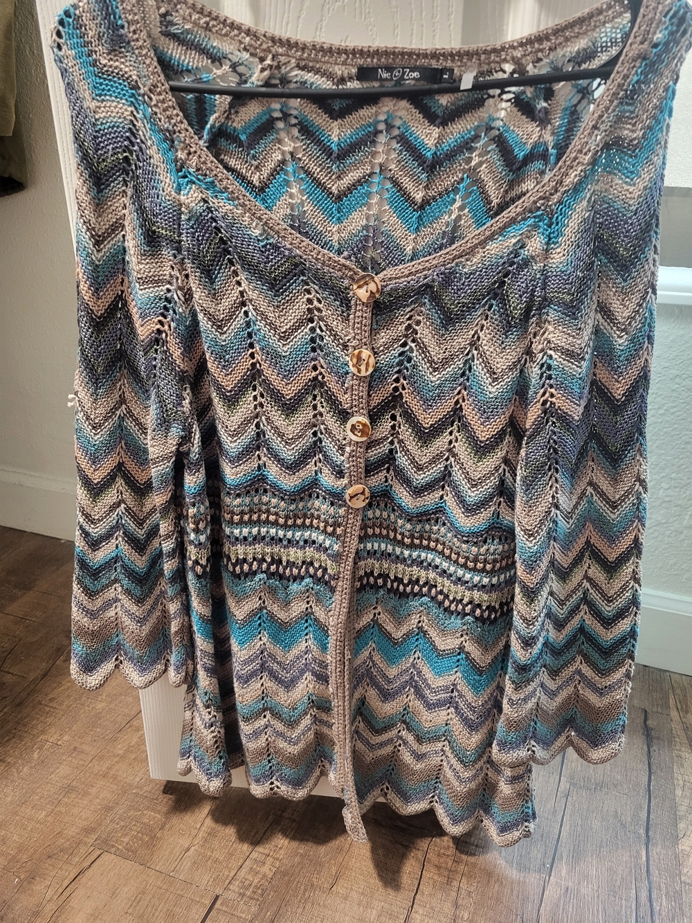 NIC+ZOE Chevron Open-Knit Button Cardigan in Teal, Gray, Cream